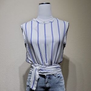 Shinestar Blue and White Striped Tie-Front Blouse